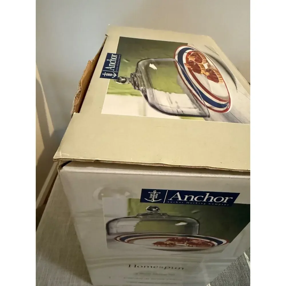 🇺🇸 Anchor Hocking Homespun 2-Piece Serving Set Red White Blue Glass Dome Plate